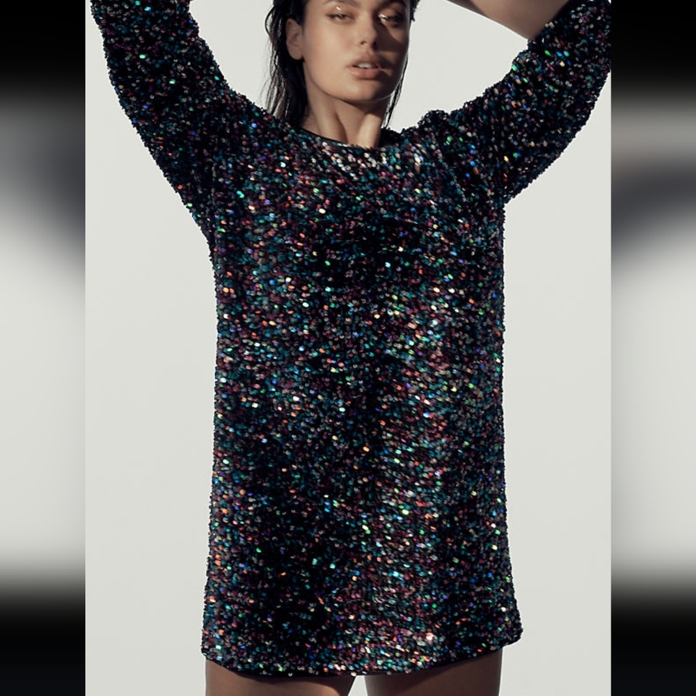NEW Anthropologie Long-Sleeved & Lined Sequin Tunic Dress - Picture 4 of 9